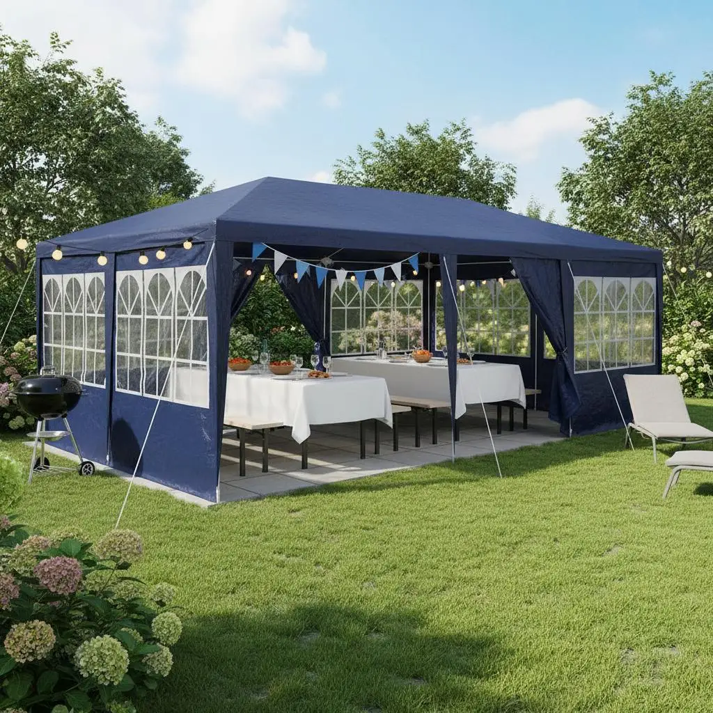 Tente de fête bleue 800 x 400 x 266 cm en polyéthylène, idéale pour les jardins, les terrasses, les parcs et les événements.