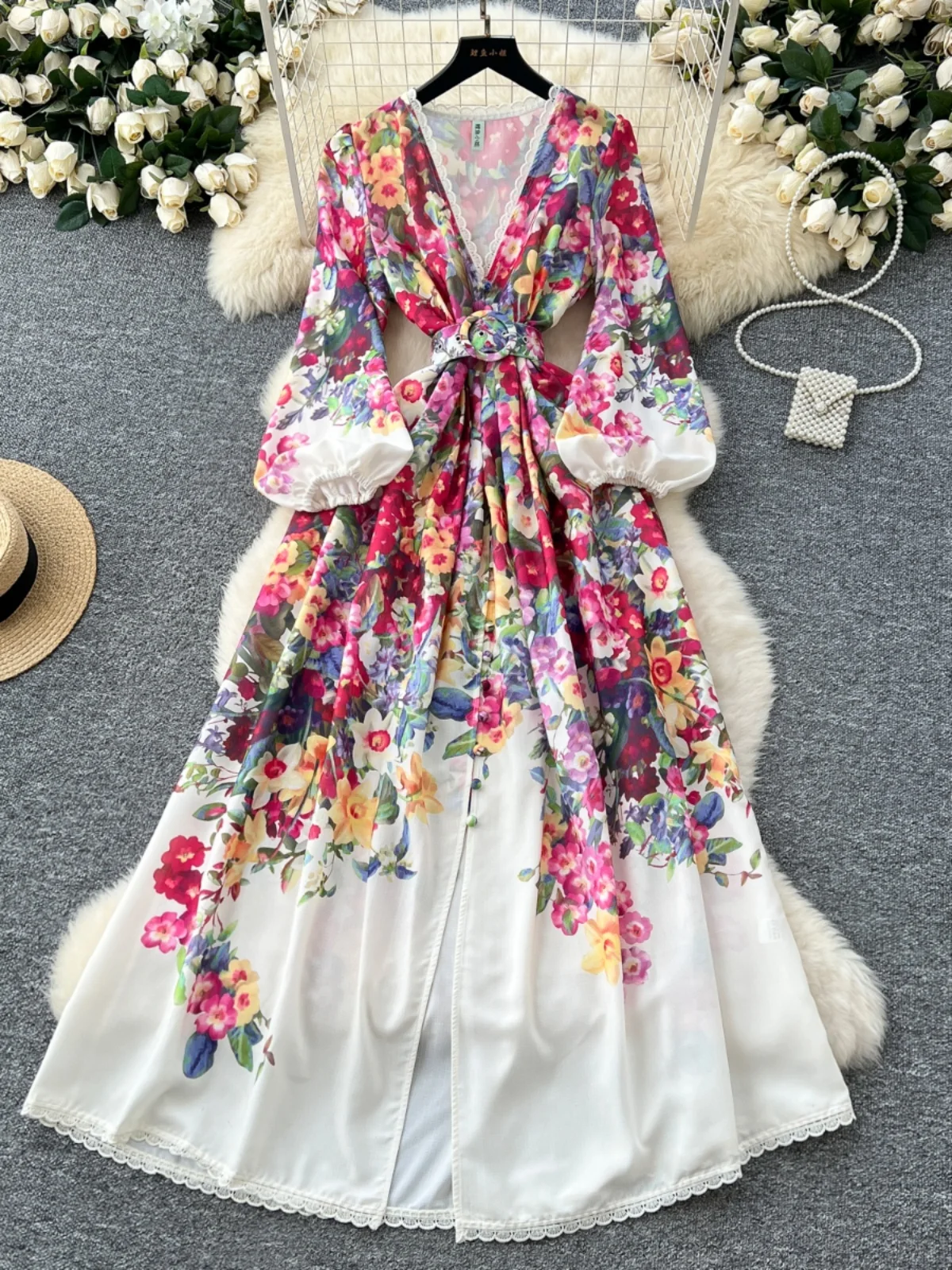 Elegant Flower Long Maxi Dresses Women Spring Autumn Lantern Full Sleeve Single Breasted Button Lace Neck Belt Party Vestidos