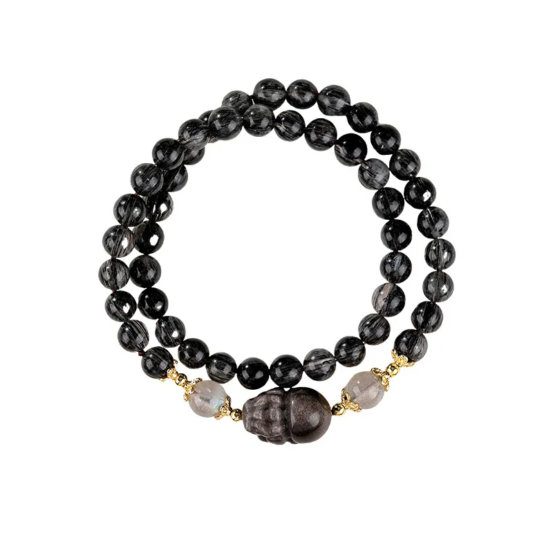 Natural Black Rutilated Quartz Bracelet with Silver Obsidian Pixiu for Women, Festival Gifts