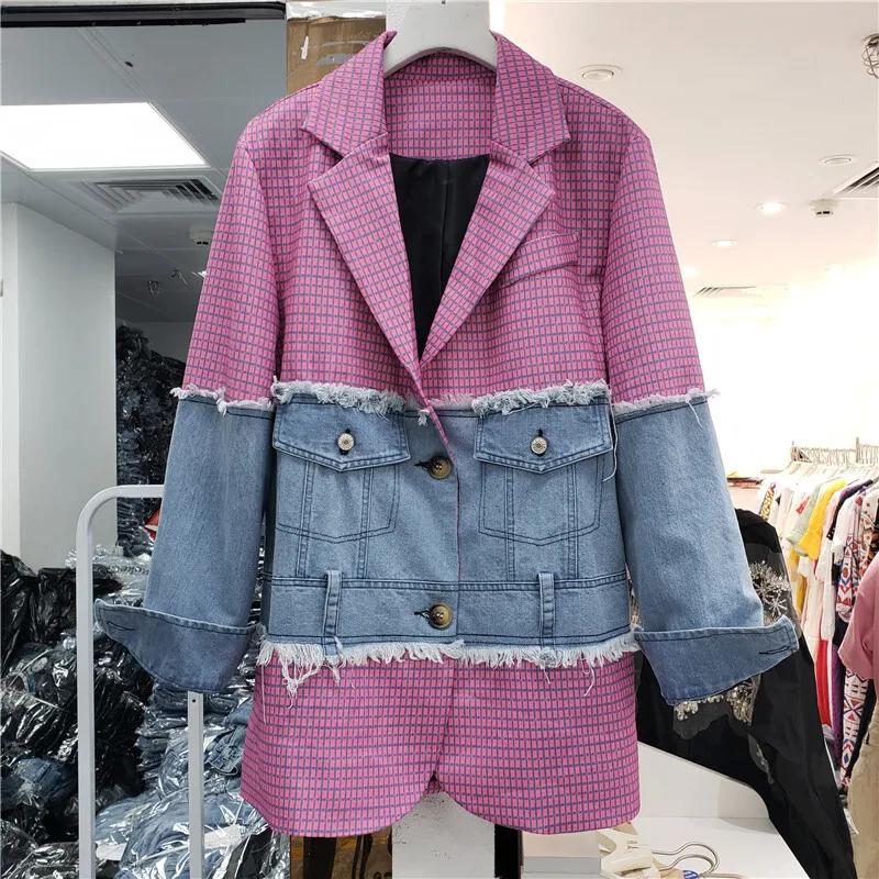 

Vintage Cowboy Patchwork Plaid Blazers 2024 Autumn Lapel Single-breasted Long Sleeve Female Suit Outwear Casual Chaqueta Mujer