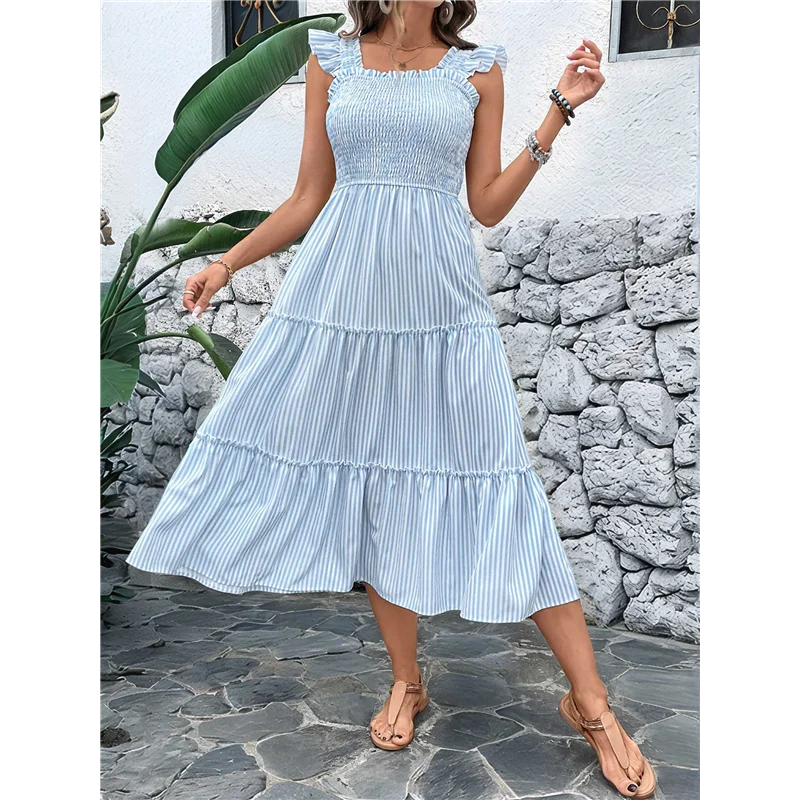 ASDS-Vestido feminino de verão boho listrado praia babado alça espaguete flowy balanço longo vestido smocked