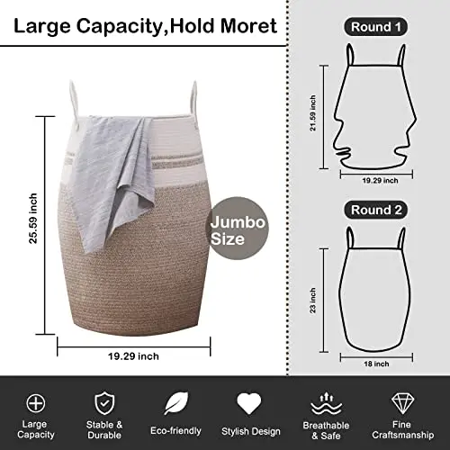 

Jumbo Woven Cotton Rope Laundry Hamper 25.6 Inch Tall With Extended Handles, Foldable Storage Basket For Bedroom Bathroom