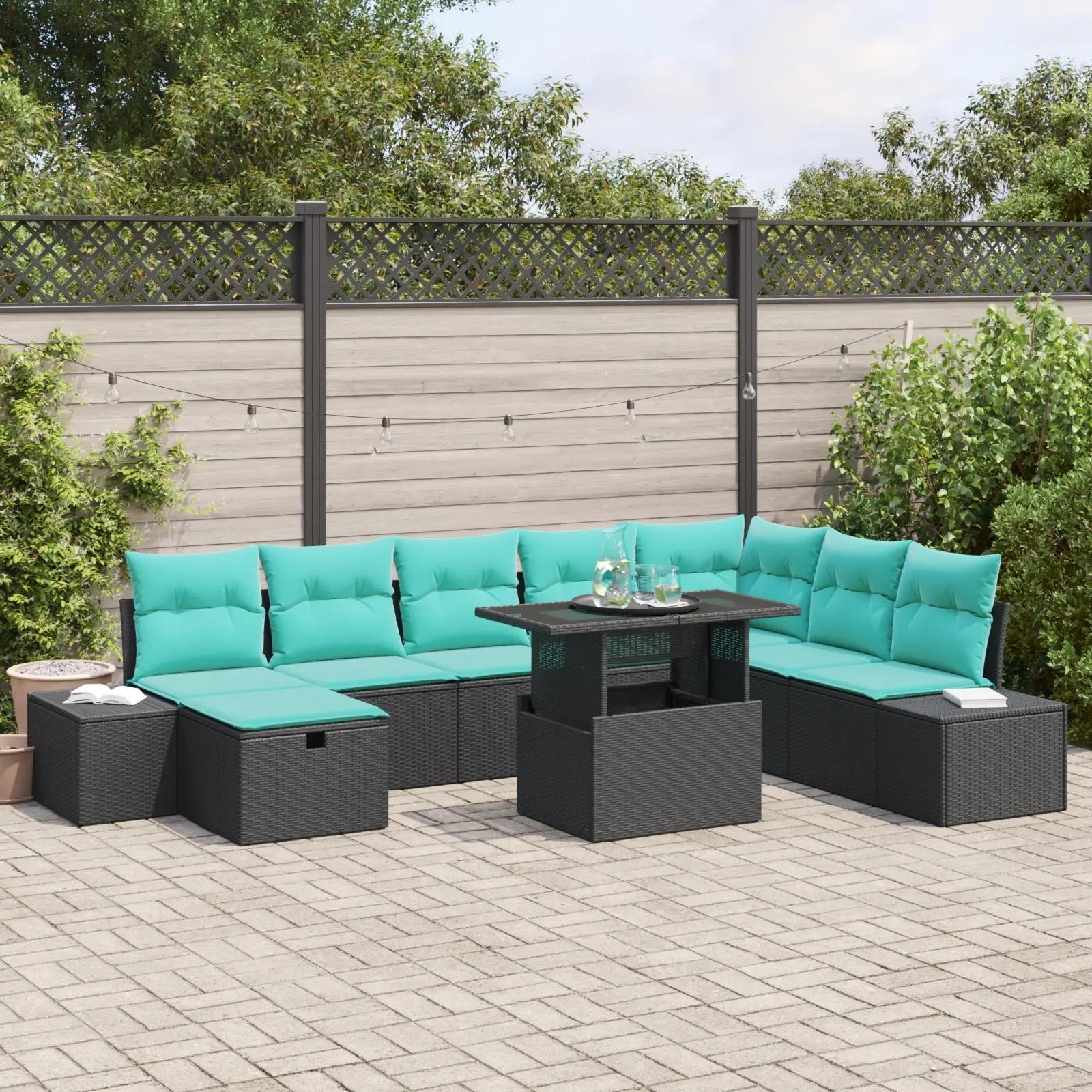 

9 Piece Outdoor Garden Sofa Set with Cushions Black Rattan Wicker Furniture