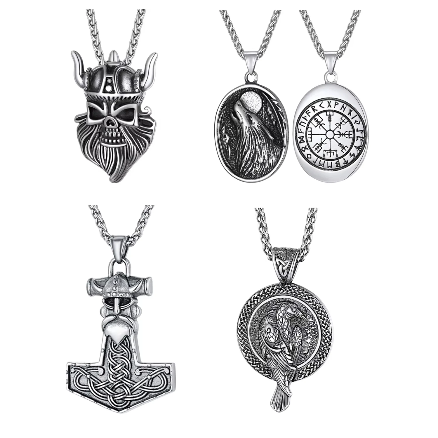 ChainsPro 316L Stainless Steel Man Necklaces Norse Viking Runes Odin Wolf Compass Hammer Symbol Pendant Mythology Jewlery Gift