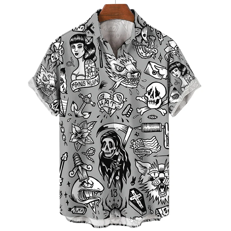 Men\'s Summer Floral Oversized Hawaiian Short Sleeve Shirt Y2k Casual Goth Custom Human Elements Street Style Original Clothing