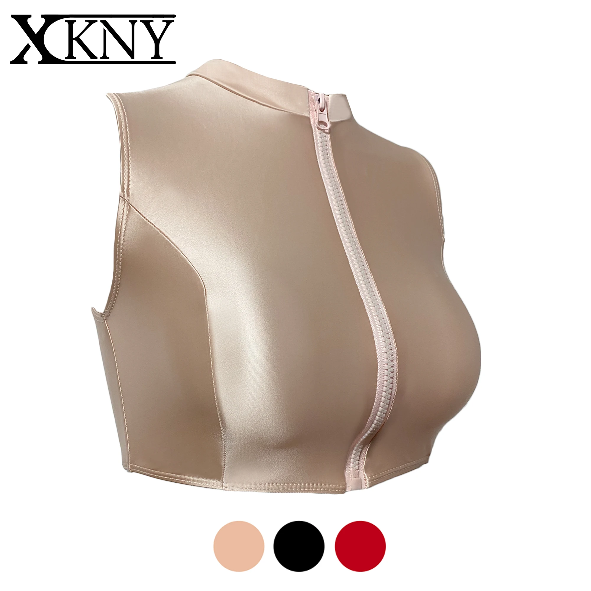 XCKNY serie lucida serbatoio elastico setoso colletto con cerniera frontale senza maniche fondo cappotto olio liscio sport yoga gilet serbatoio lucido