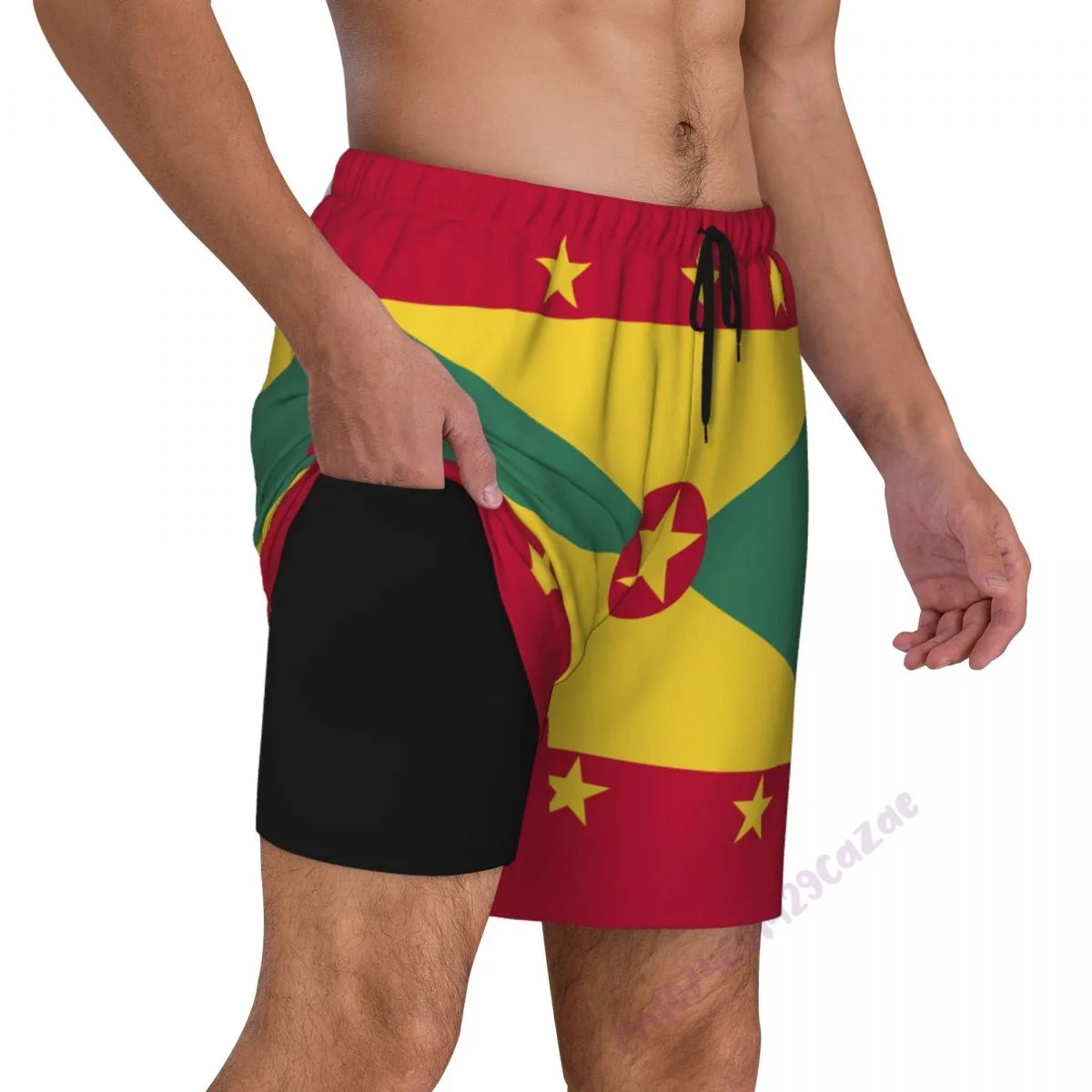 

Grenada Flag 3D Mens Swimming Trunks With Compression Liner 2 in 1 Quick-Dry Summer Swim Shorts With Pockets