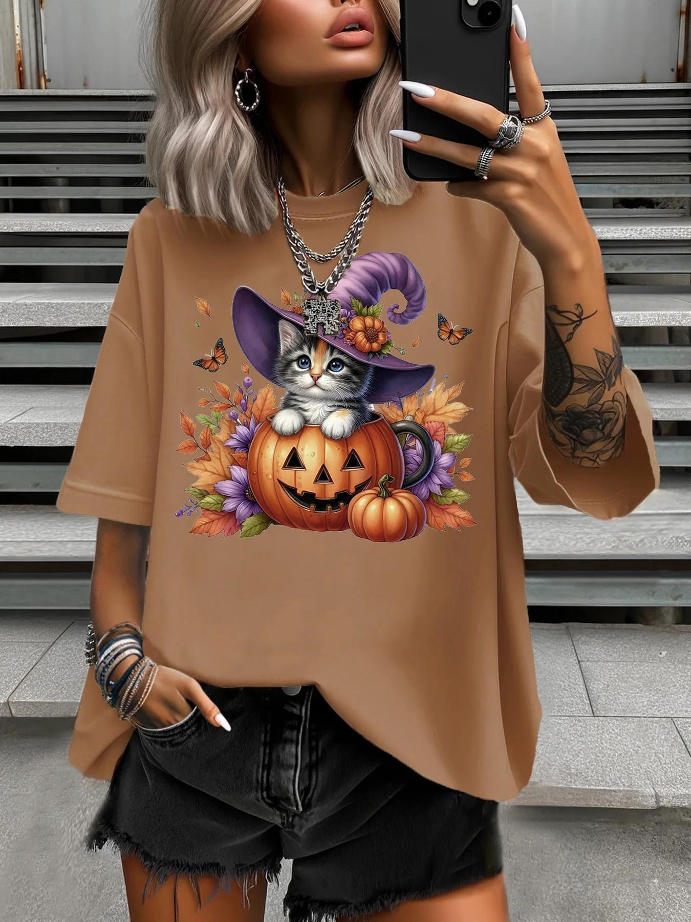 

Летняя модная женская футболка больших размеров, оригинальный дизайн, маска с изображением кота и тыквы, женские повседневные топы с круглым вырезом и короткими рукавами с принтом