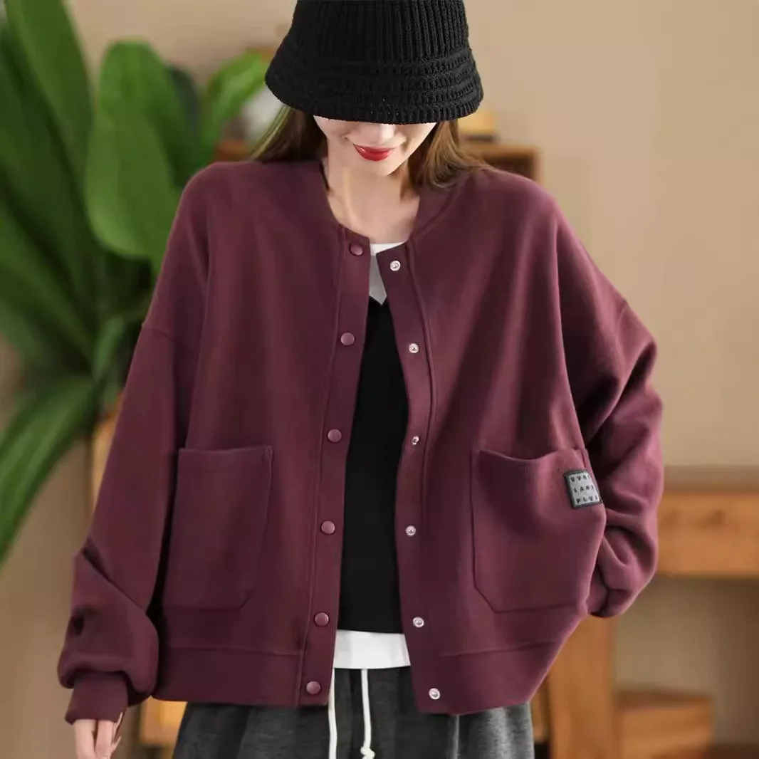 Women Autumn And Winter High Quality Knitted Cotton Jacket Patch Pocket Stand Collar Korean Version Solid Color Baseball Jacket