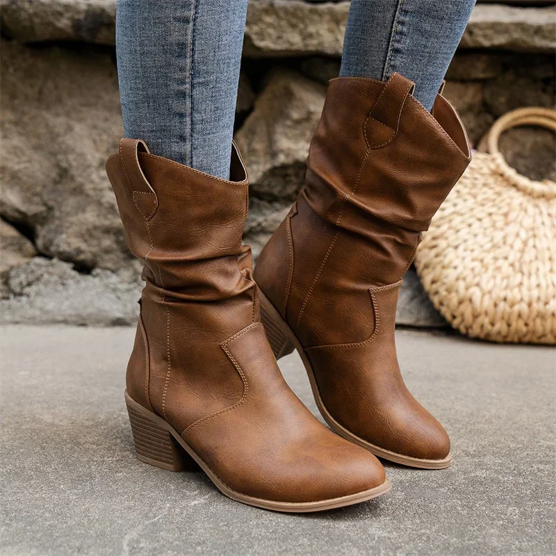 

2024 Hot Sell New Female Cowboy Boots Women Plested Women Ankle Boots Leather Shoes Autumn Boots Women Booties Lady Plus Size 42