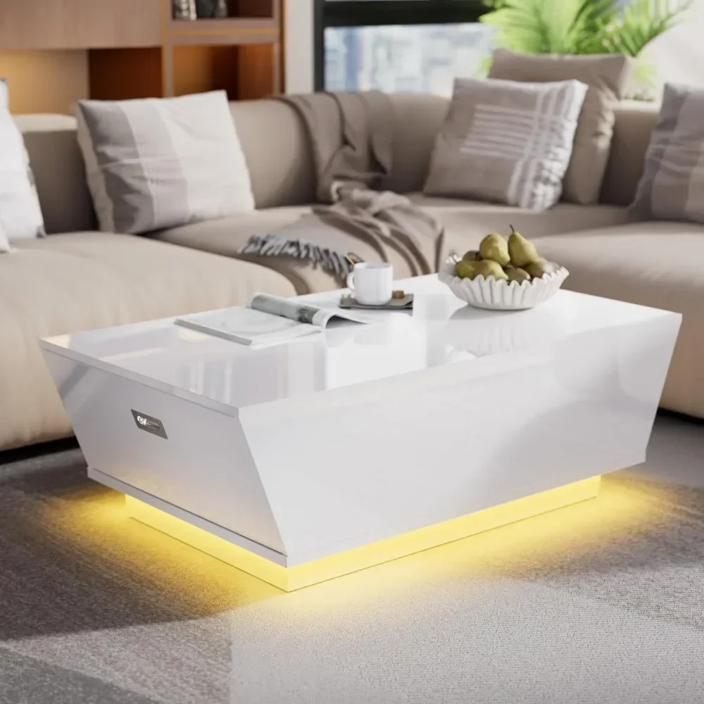 High Gloss Coffee Table with LED, Modern Center Table with 2 LargDrawers for Living Room, White, 47.2