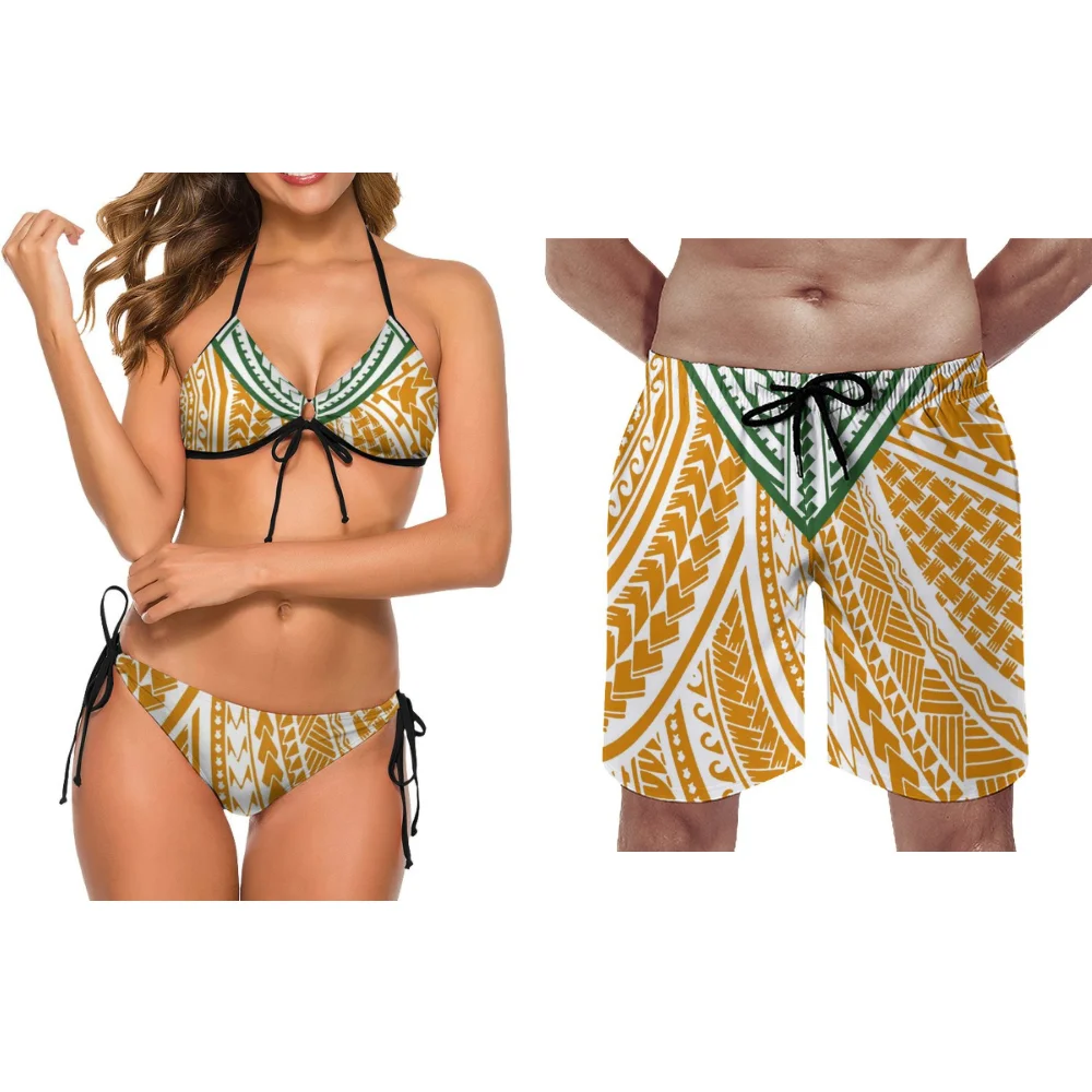 

Customized Colored Art Men'S Beach Pants Couple Swimsuits Fashionable Polynesian Swimsuits Two-Piece Vacation Couple Swimsuits