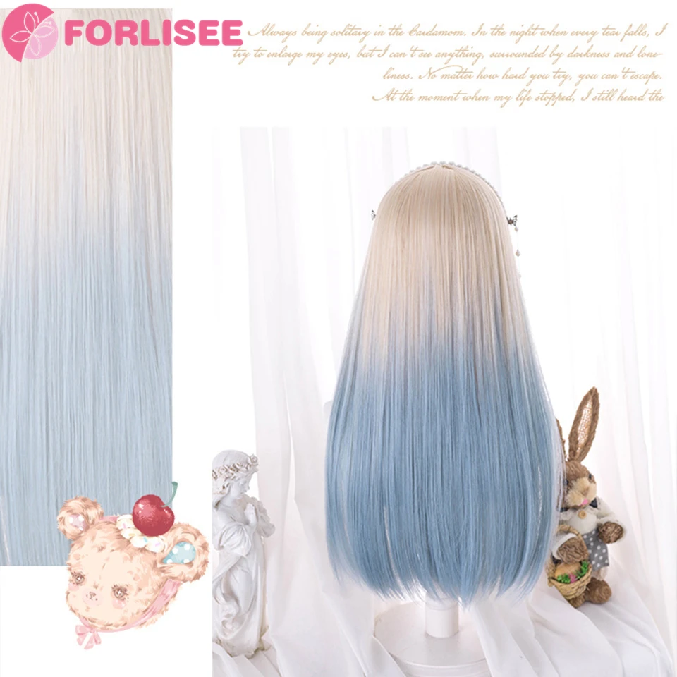 FOR Synthetic Hair Wigs for Women Long Straight Lolita Cosplay Wigs With Bangs Ombre Sky Blue Heat Resistant Fiber Daily Party