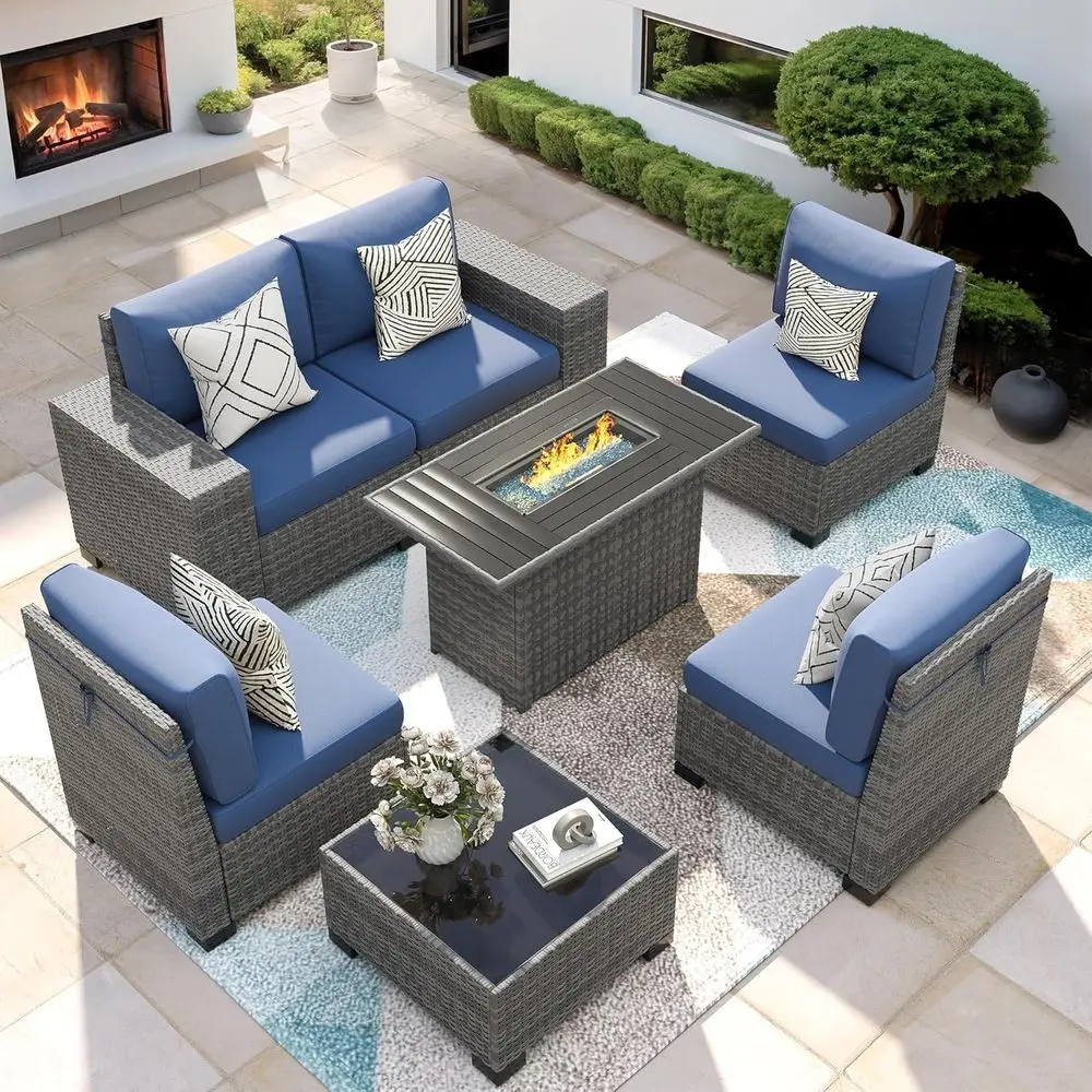 

7-Piece Outdoor Patio Furniture Set with Fire Pit, Wicker Sectional Sofa, Coffee Table, Navy Blue Cushions