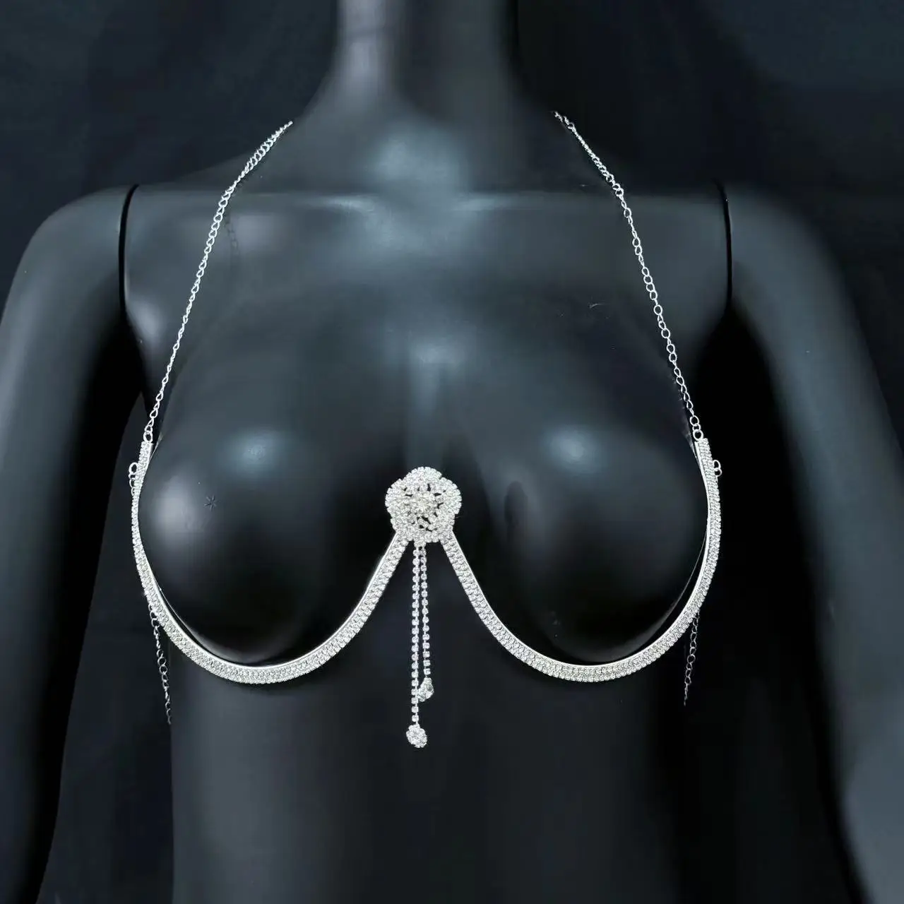 إكسسوارات رائجة البيع، أزياء شخصية، سلسلة صدر ماسية كاملة، دعم صدر فاخر من حجر الراين، سلسلة جسم مثيرة