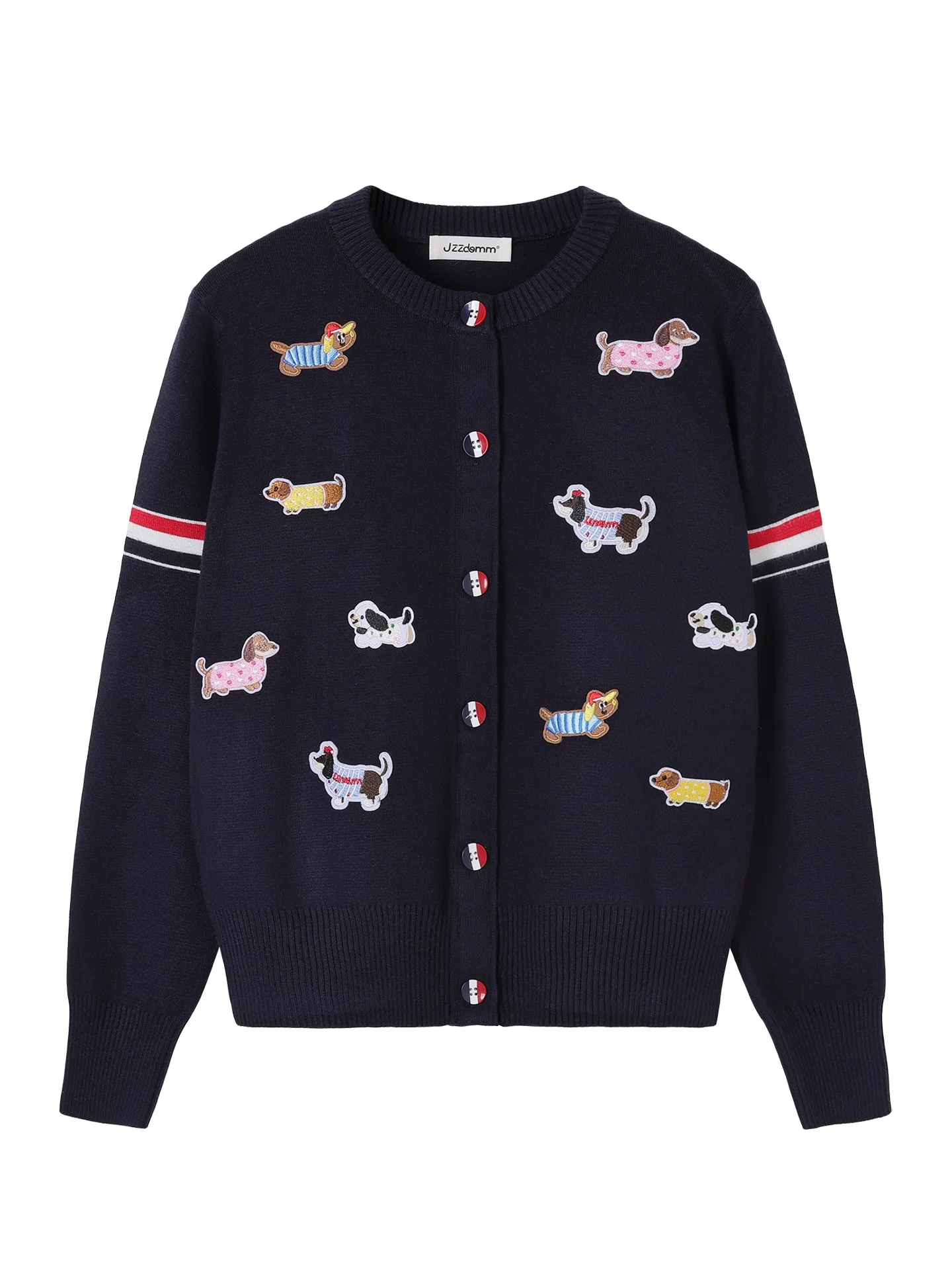 

JZZDEMM Knitted Cartoon Doggie Embroidery Open Cardigan Women's Slim Fit Soft Long Sve round Ne Sweater with Buttons