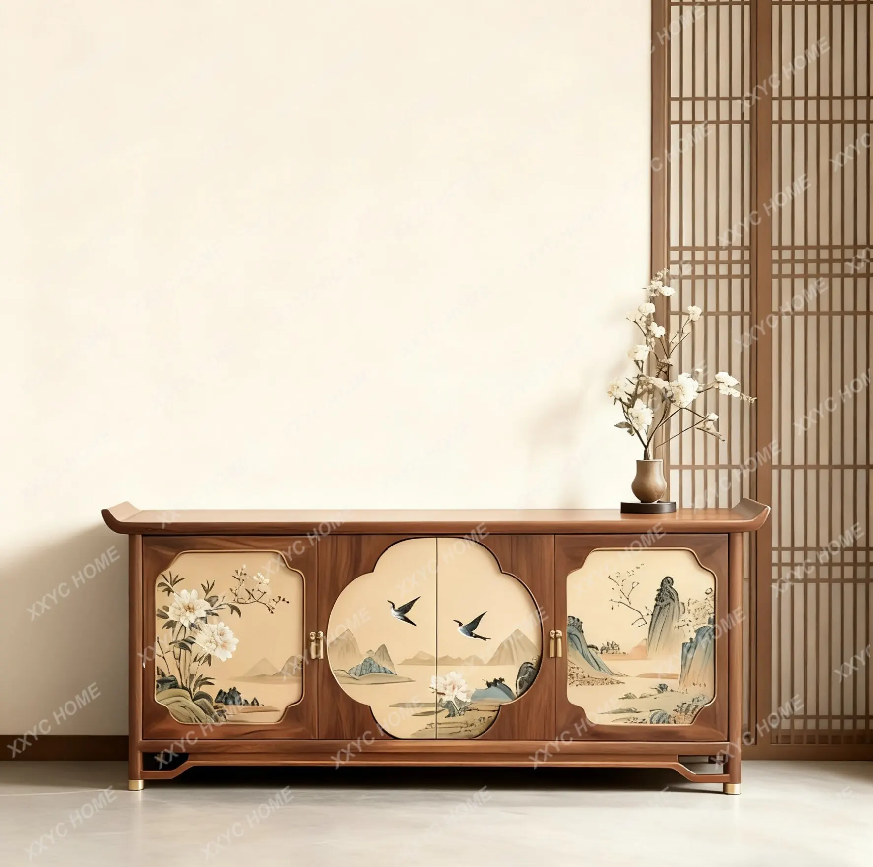 LNew Chinese-style flower and bird painted hotel  door restaurant solid wood storage decorative side cabinet