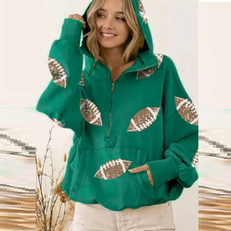 Sudaderas con capucha de lentejuelas de Rugby para mujer, suéter de manga larga con cremallera y cordón, chaqueta superior suelta, ropa de calle