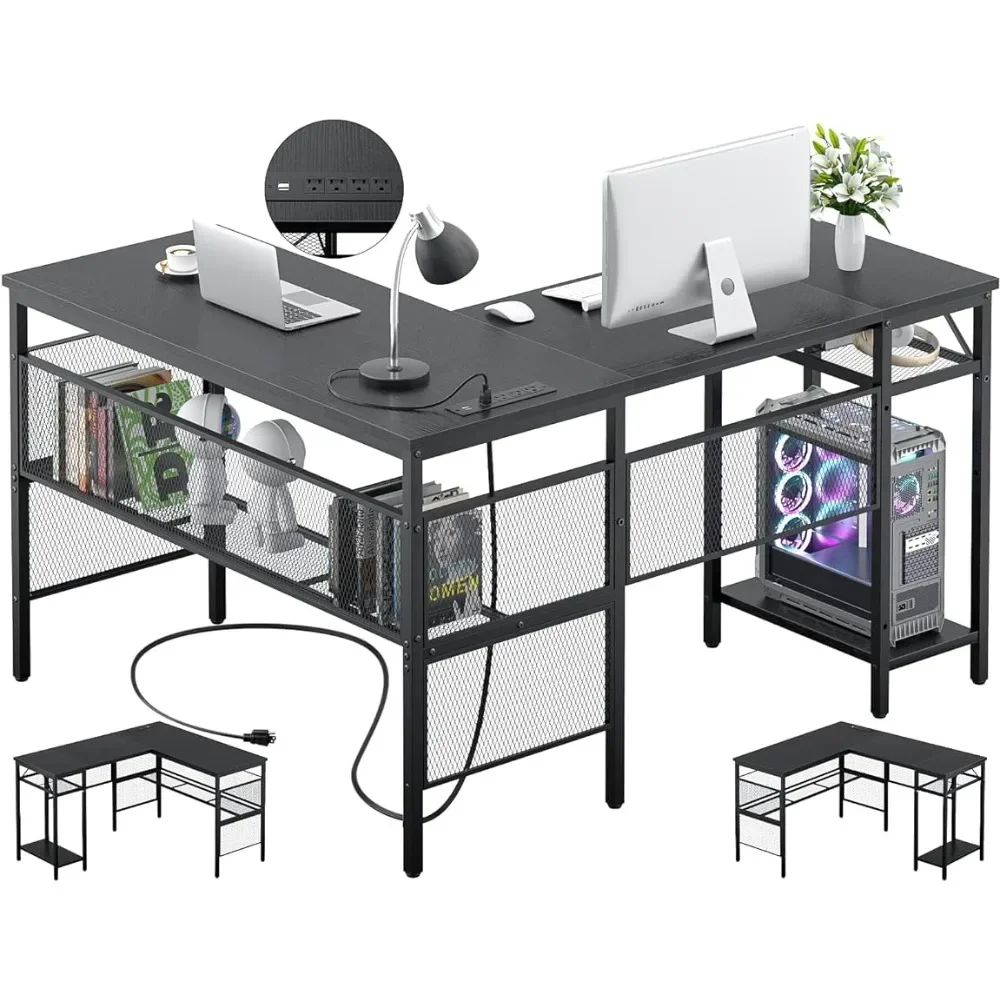 Unikito L Shaped Desk with USB Charging Port and Power Outlet, Reversible Corner Computer Desk with Storage Shelves