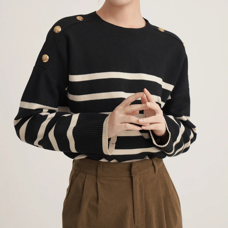 High quality women's sweater striped sweater women's autumn and winter new button casual top loose knit sweater