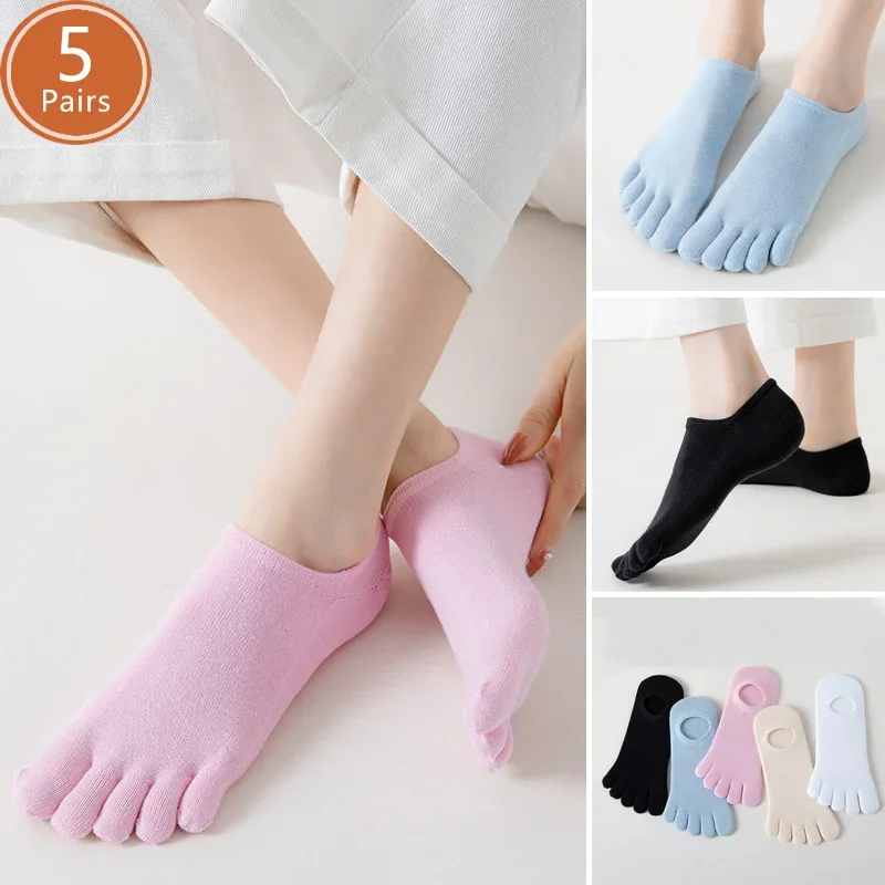 5 Paar Damen- und Mädchen-Fünf-Finger-Socken, unsichtbar, aus Baumwolle, einfarbig, lässig, cool, süß, schweißabsorbierend, knöchelhoch, Boot-Socken, keine sichtbaren Zehen, für den Sommer