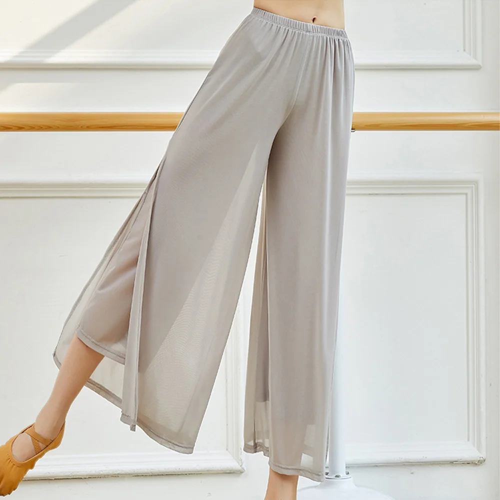 Pantalones de baile modernos para mujer, malla de nailon, pierna ancha, suelta, baile clásico chino, pantalones de Yoga diarios para damas