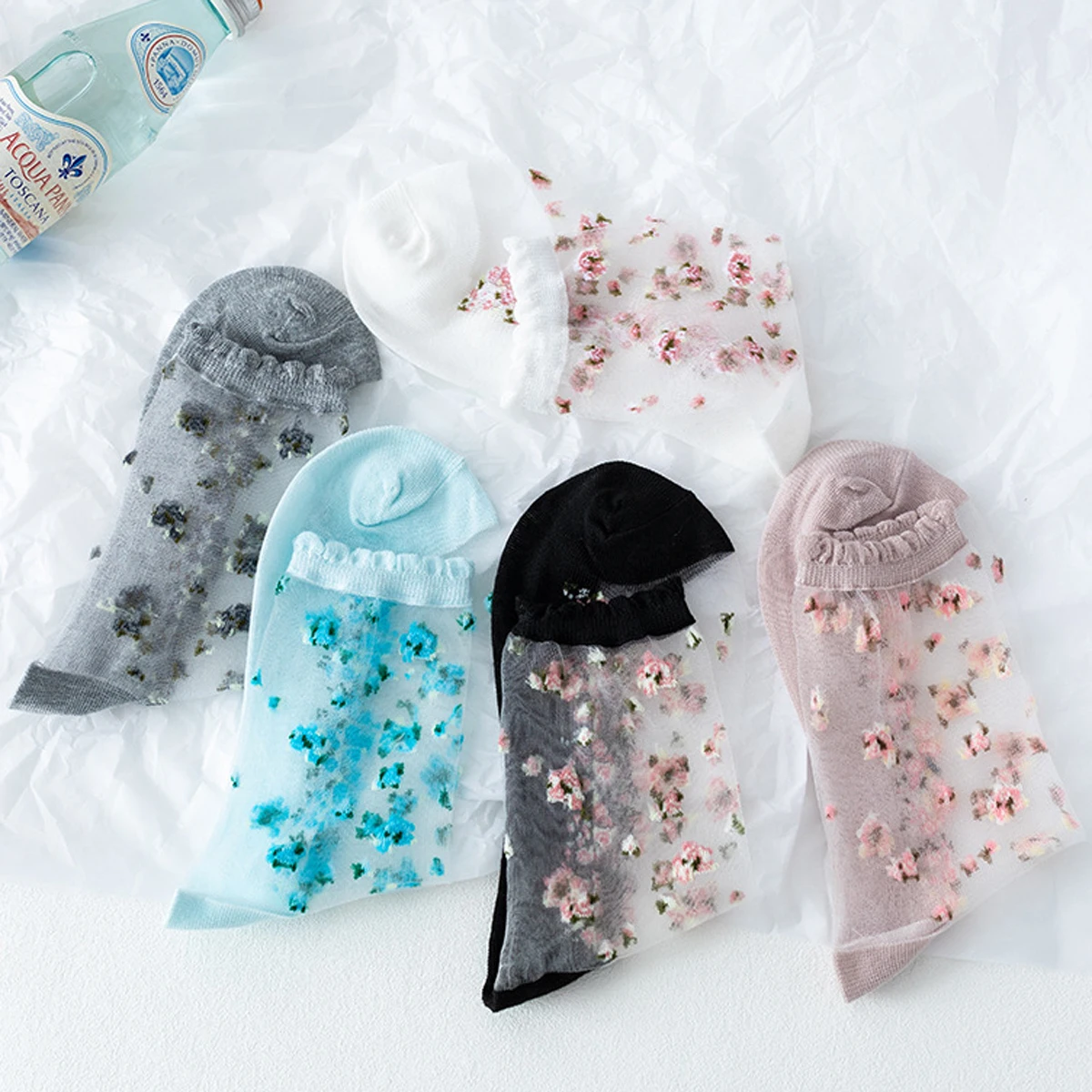 5Pairs النساء زهرة جورب الصيف الدانتيل كريستال زجاج جوارب حريرية قصيرة رقيقة شفافة الورود الجاكار مطاطا رقيقة جدا الجوارب #2