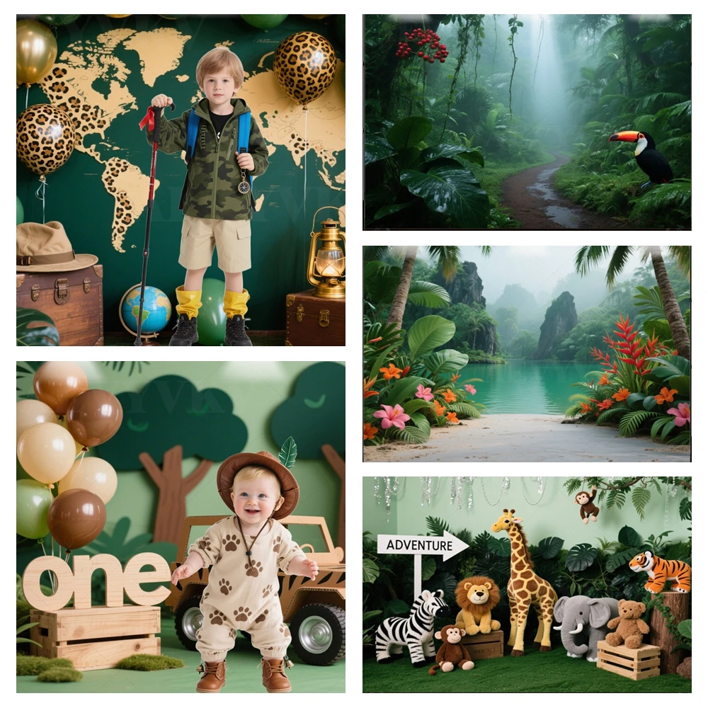 

Jungle Safari Animals Newborn Kids Baby 1st Birthday Party Portrait Photo Backdrops Custom Photographic Studio Decor Background