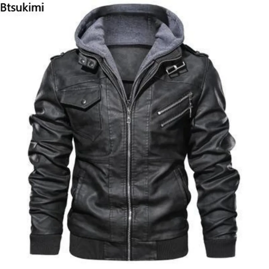 2025 Men's Autumn Winter Fashion Zippered Slim-fit PU Leather Multi-color Hooded Jacket Coat Business Office Jacket Men Clothing