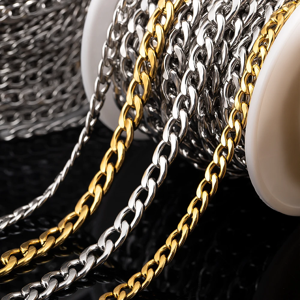 0.5/1/2Meter 5mm 7mm Stainless Steel Flat Chains Punk Link Gold Color Chain for DIY Jewelry Making Necklace Bracelet Accessories