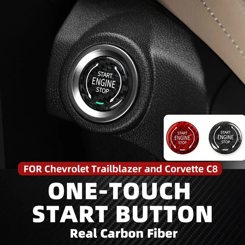 Imagen 1 del producto Cubierta del botón de inicio de un solo toque del coche hecha de fibra de carbono real para Chevrolet Trailblazer Corvette C8, pegatina interior de cubierta decorativa del interruptor de arranque duro, accesorios rojos y negros
