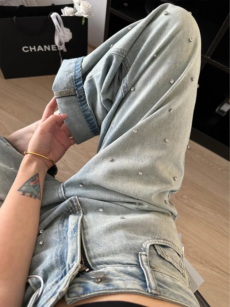 Jeans Spring High Waist Long Pant Women Diamond Bling Fashion Casual Loose Pleated Ladies Trousers Korean Wide Leg Woman Pants