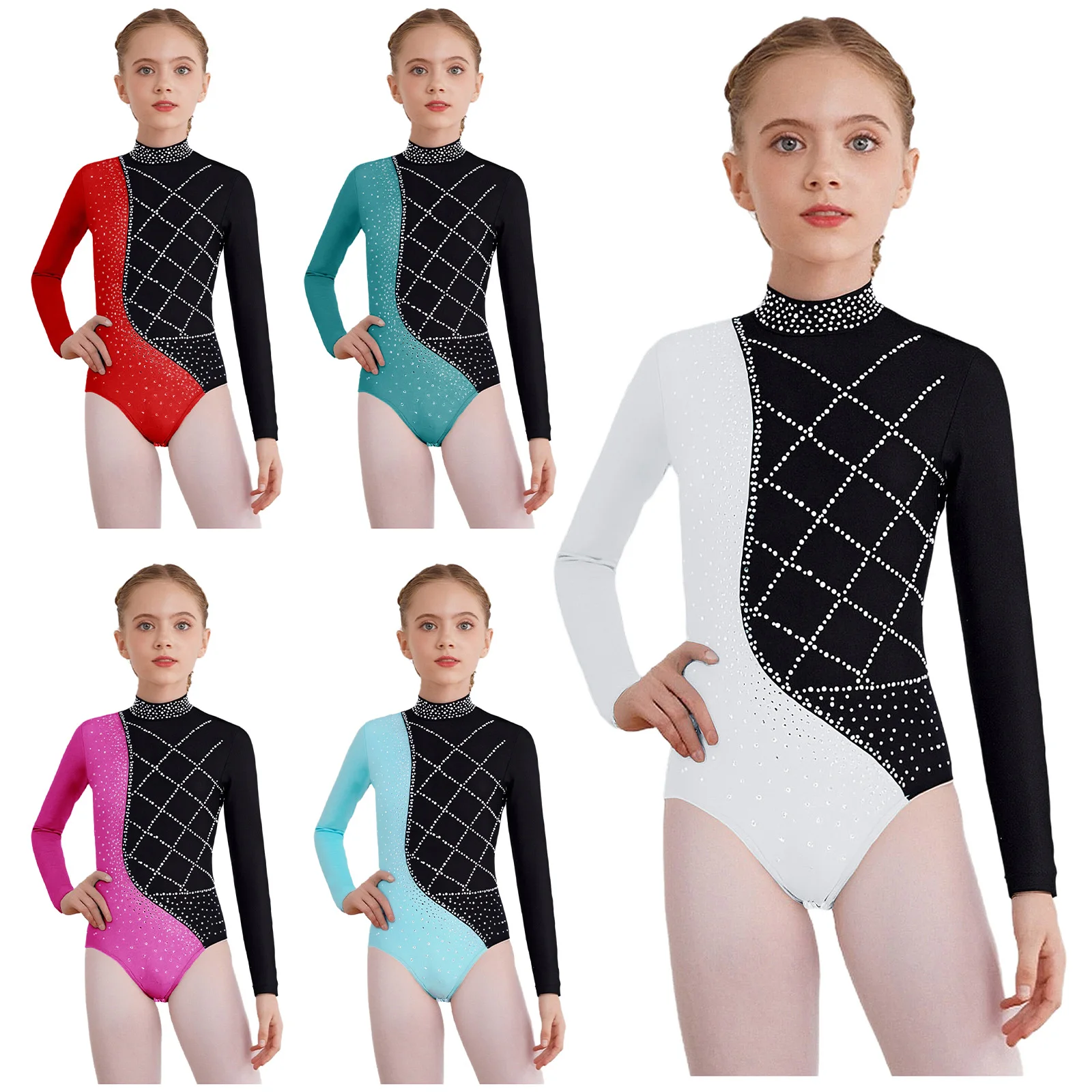 Body da danza classica per ragazze con strass Ginnastica ritmica Pattinaggio di figura Costume da spettacolo di danza Body da ballo a maniche lunghe