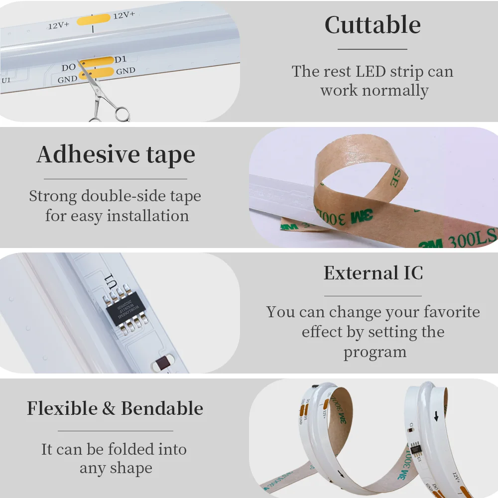 DC12V/24V COB LED Strip WS2811 RGBIC 720Leds/m Addressable Dream Full Color 12mm PCB High Density Flexible COB Lights Tape