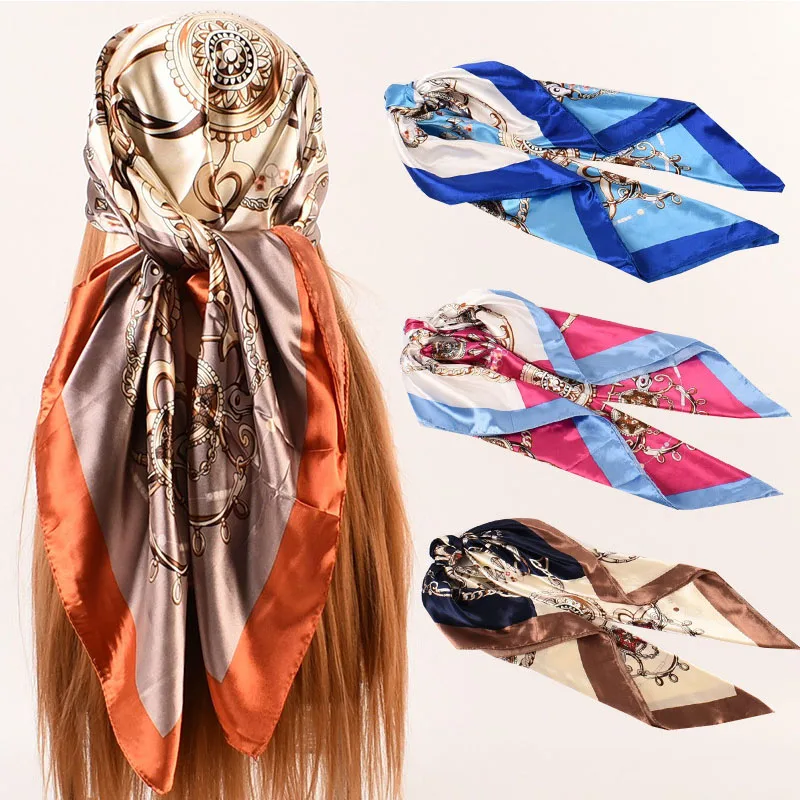 90*90cm Luxus-Kettenschal für Damen, eleganter Hijab, Halstuch, weicher Satin-Seidenschal, modischer Schal für Reisen