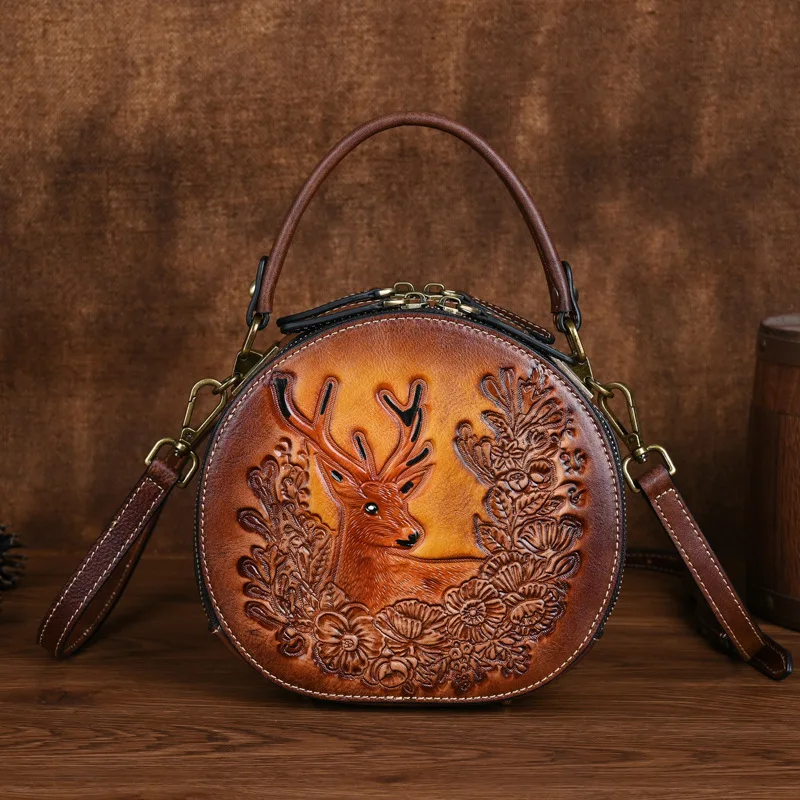 

High-End Genuine Leather Bag for Women, Summer Makeup Bag, Retro Republic of China Style Small Round Bag, First-Layer Cowhide Shoulder Crossbody Bag