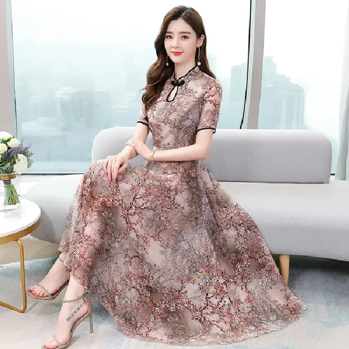 Chinese Cheongsam Style Fashion Women Floral Print Dress Vintage Short Sleeve Casual Elegant Floral Party Dress Gift for Girl