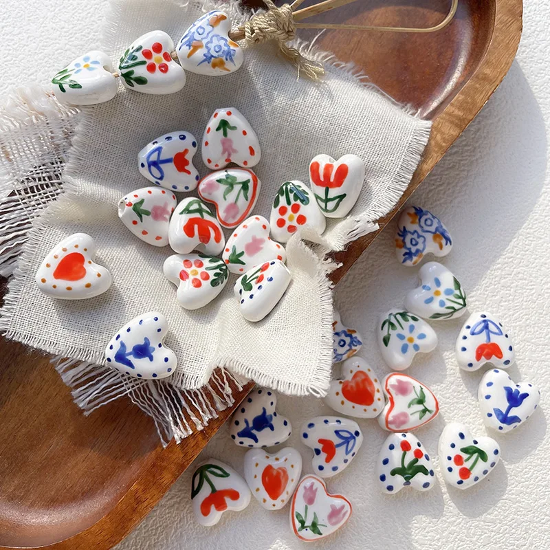 5Pcs 14.5MM Hand Drawn Heart-shaped Flower Tulips Ceramic Loose Beads For Jewelry Making Necklace Bracelet Craft DIY Supplies