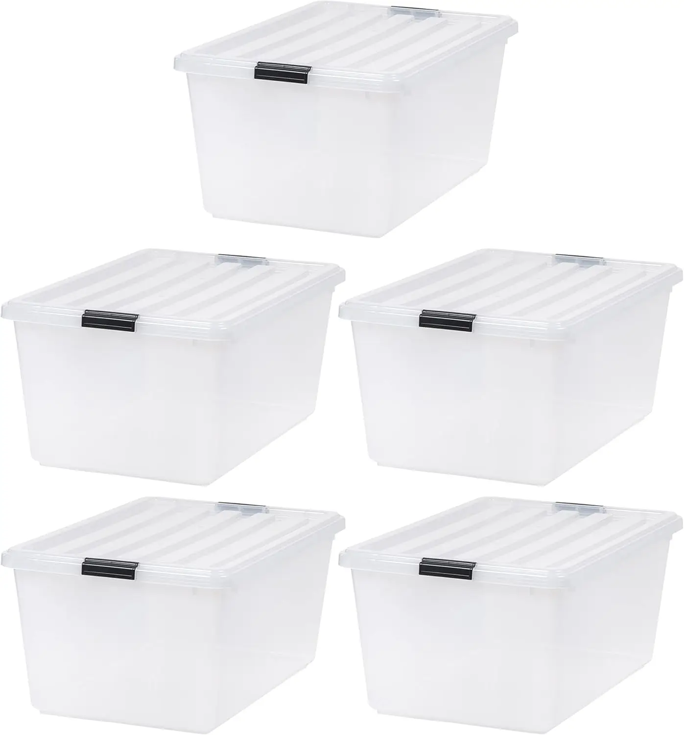 IRIS USA 68 Quart Stackable Plastic Storage Bins with Lids and Latching Buckles, 5 pack - Clear/Black, Containers with Lids