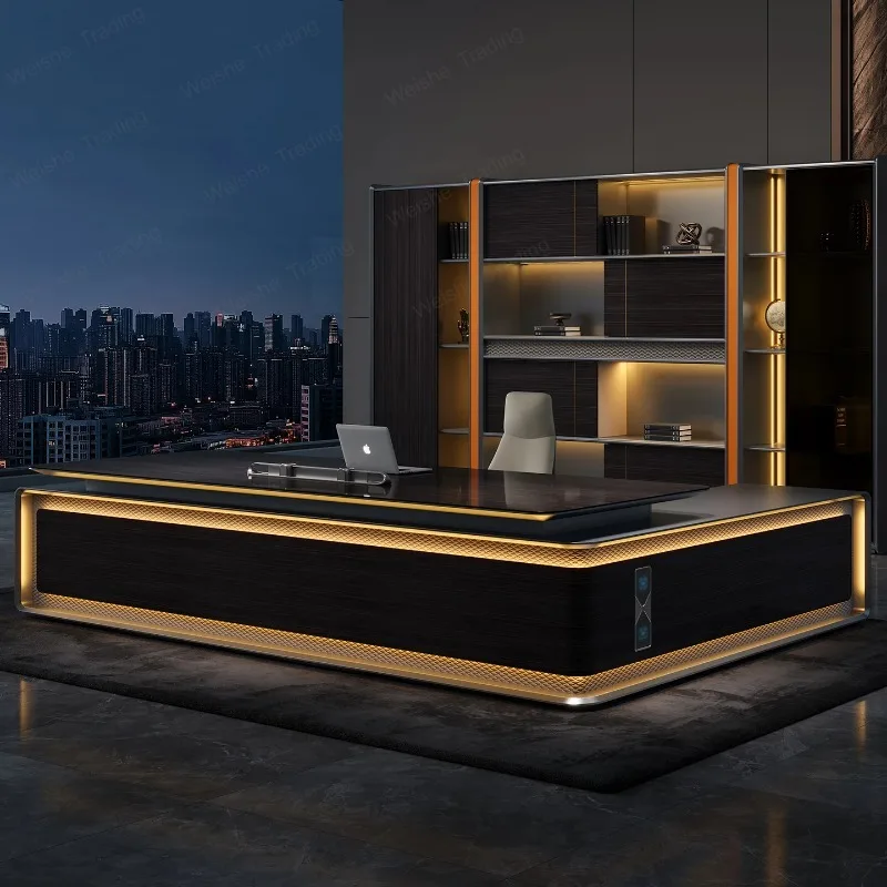High End Boss Desk, Dual Cabinet Design with Multifunctional Cable Management Box and File Cabinet, Used for The CEO's Office