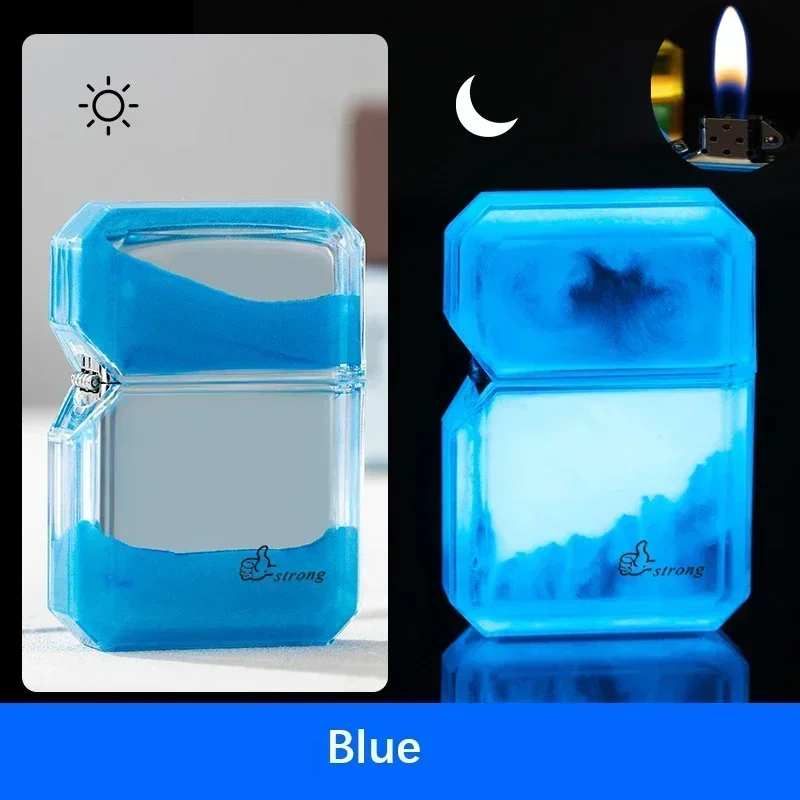 Personalized Quicksand Luminous Grinding Wheel Lighter Blue Flame Direct Charging Gas Open Flame Lighter (No Gas)