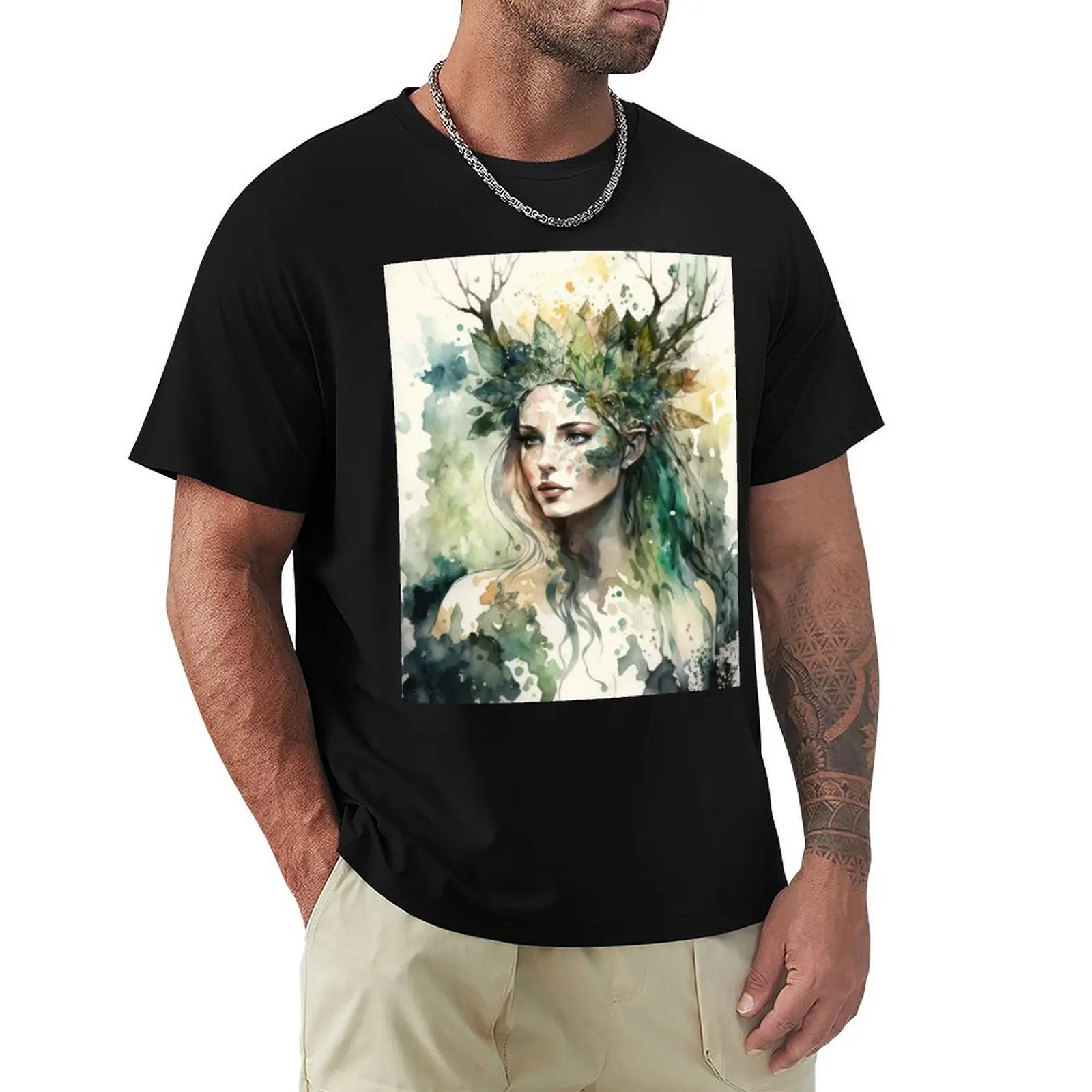 

Nature Goddess - Woodland Witchy Forest Greenwoman T-Shirt Large Size Casual Short Sleeve Top