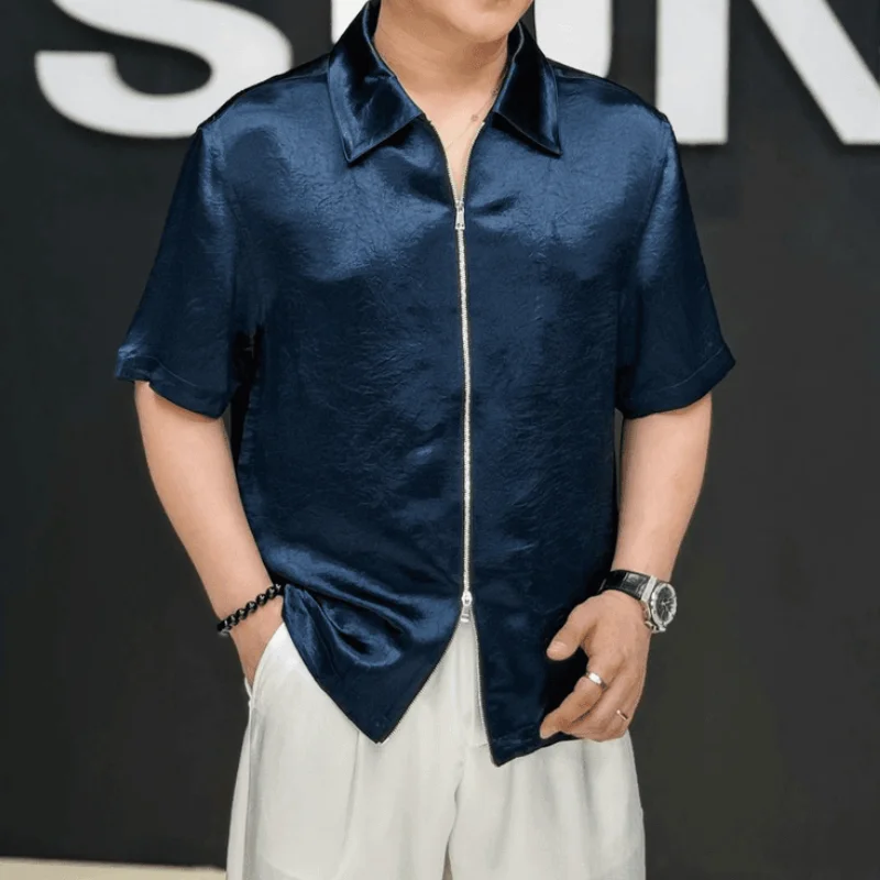 Light Luxury Summer New Solid Color Pleated Short-sleeved Men's Trendy Brand Thin Zippered Half-sleeved T-shirt Cardigan