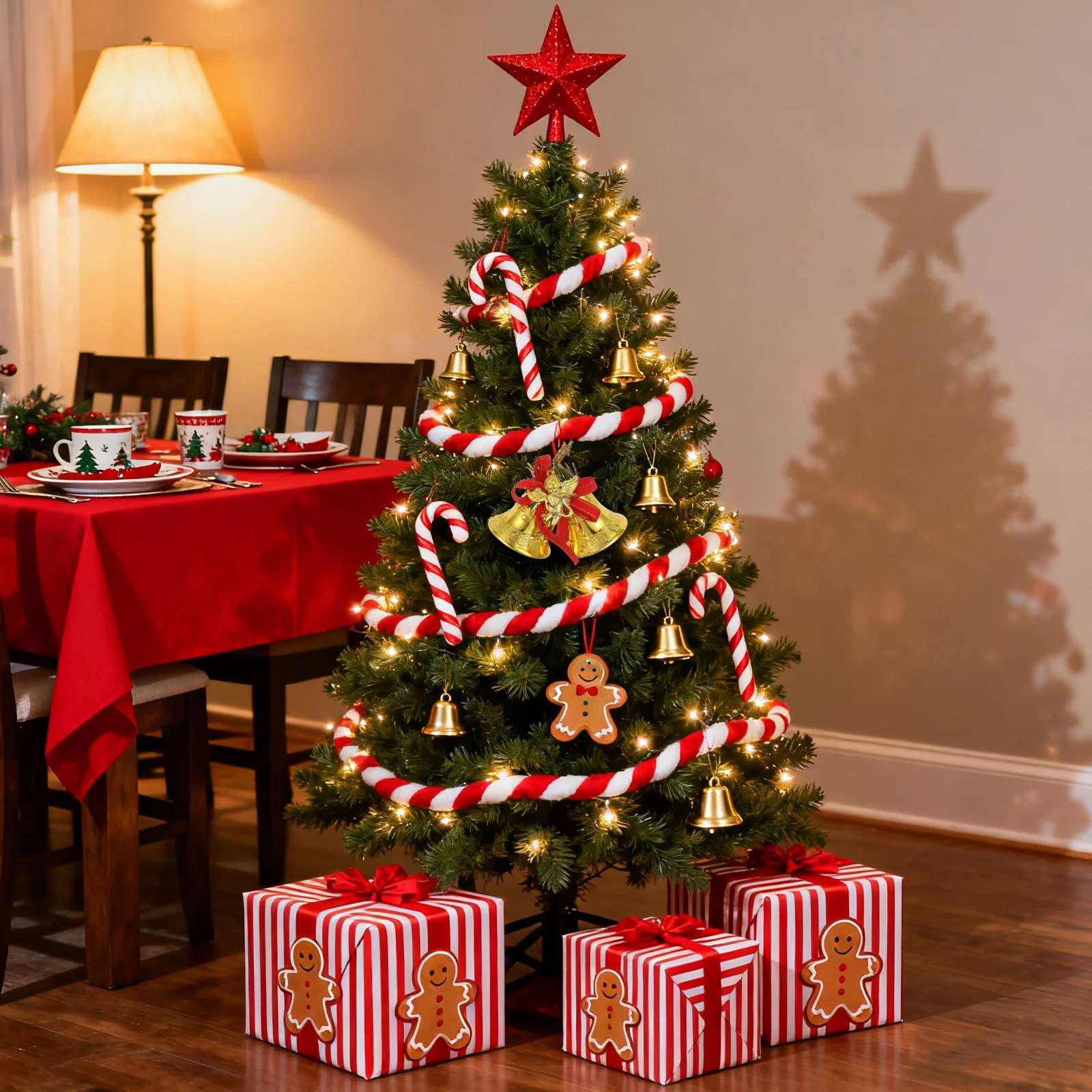 

8Pcs Christmas Tree Bell Pendants 4.5cm Golden Shatterproof Mini Bells Red Bow Xmas Decorations Holiday Wreath