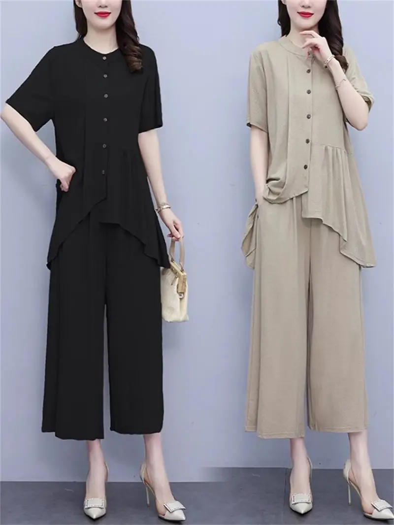 

Women's Shirt And Pants 2025 Summer Casual Set with Asymmetric Stand Collar, Stylish Two-Piece Outfit G910
