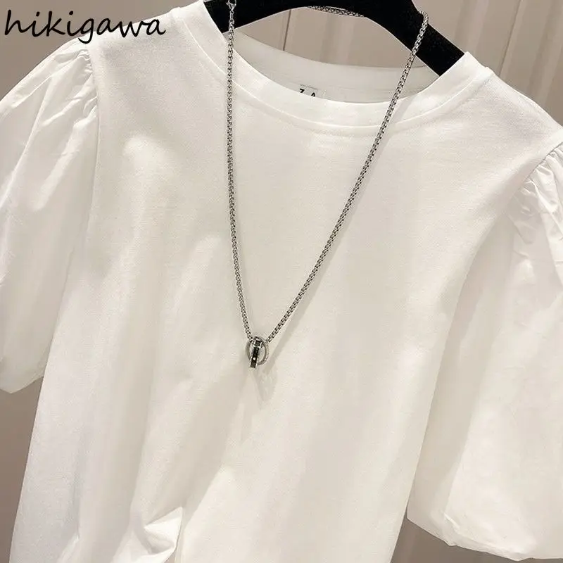 Cotton Tshirts for Women Summer T-shirts Puff Sleeve O-neck Tees Oversized Tops Fashion Sweet White Tees 2024 Ropa Mujer 27v941