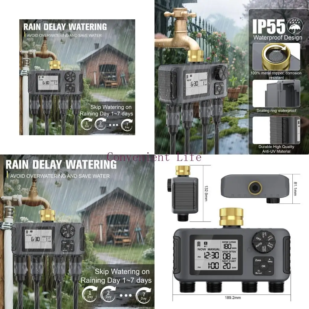 

L1EE Outdoor 4 Zone Automatic Sprinkler Timer Brass Faucet Controller Programmable Watering System IPX5 Waterproof For Lawn