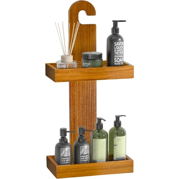 Teak Shower Caddy over Shower Head, Bathroom Organizer Hanging, Wood Standing Shower Shelf Holder for Shampoo, Soap, Towels