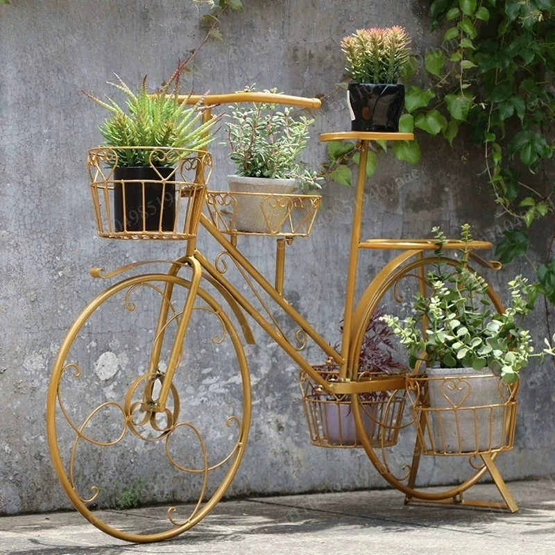 Retro Bicycle Shaped Flower Stand Ornate Iron Garden Decor Artistic Balcony Planter Display Vintage Style Patio Shelf Detachable