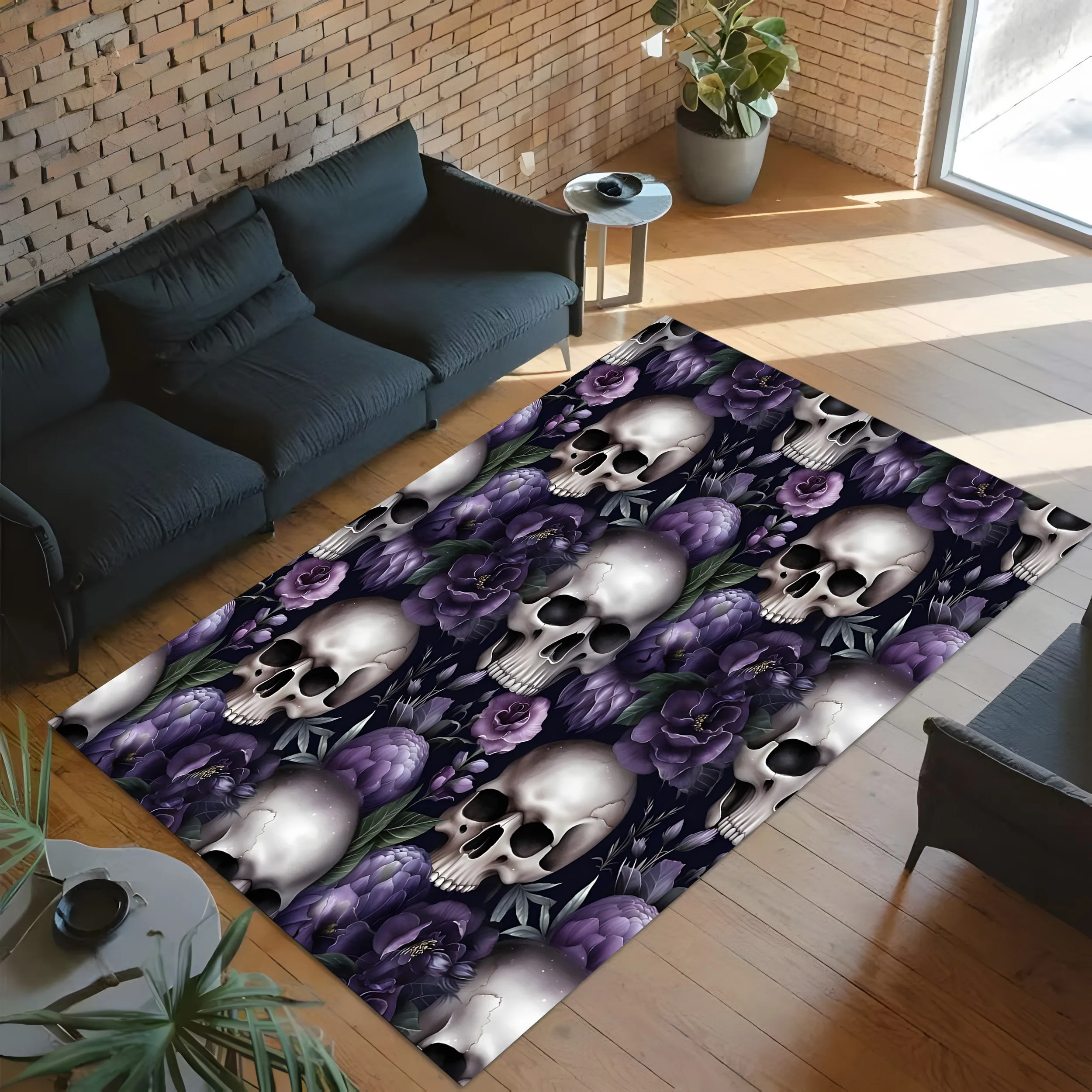 Skull Purple Floral Print Dark Gothic Halloween Velvet Rug for Gaming Room Trendy Shop Entryway Party Unique Decor